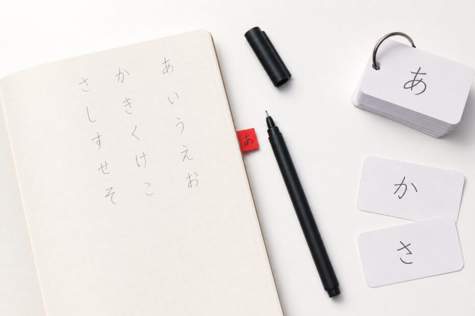 ひらがなのノートと学習カードを並べた日本語学習の机