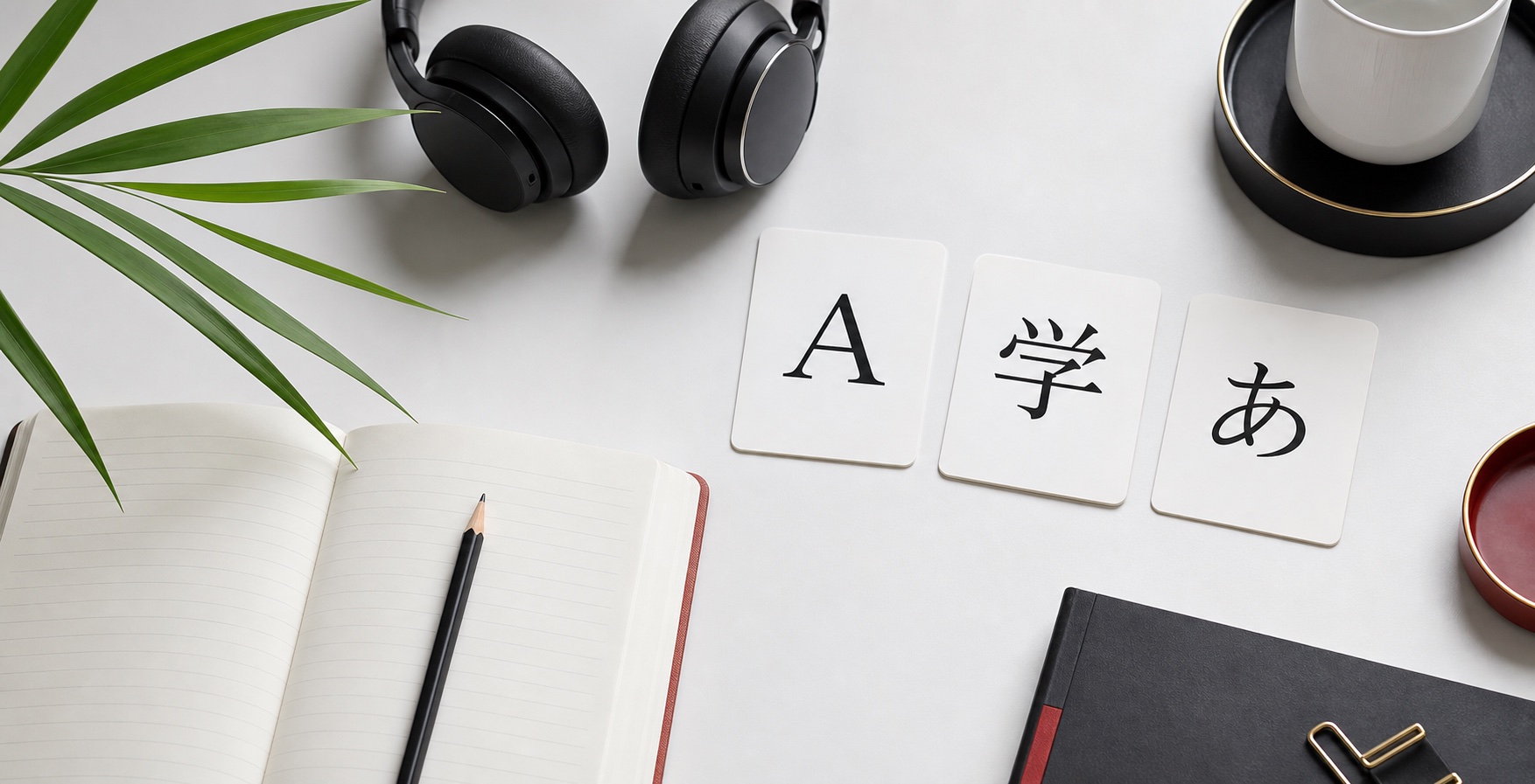 ノート、ヘッドホン、A・学・あの学習カードを並べた語学学習の机